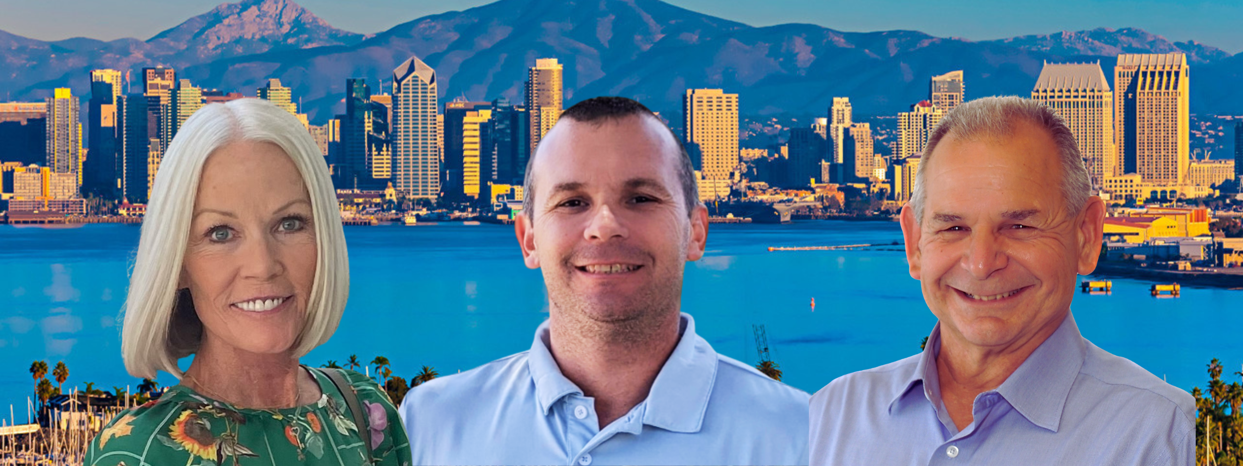 Carrie, Nick, and Steve Renaldi — Renaldi Listings team, with the San Diego skyline and mountains